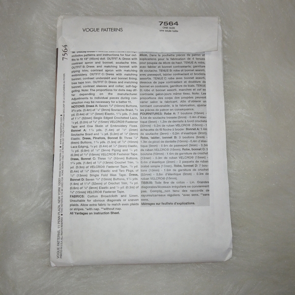 VOGUE 7564 Prairie style clothing for American Girl Doll and 18 inch doll - Picture 5 of 5